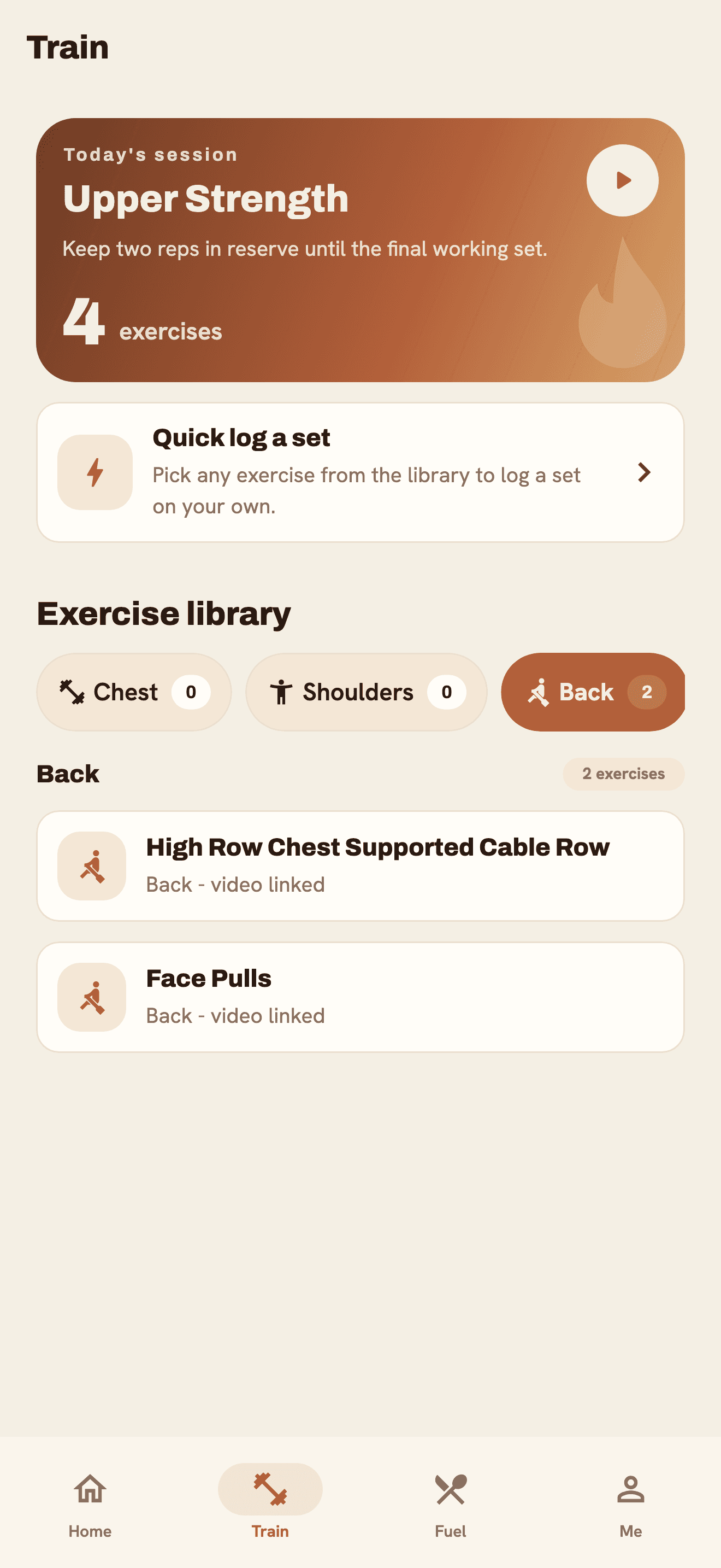 Fitness coaching app training screen.