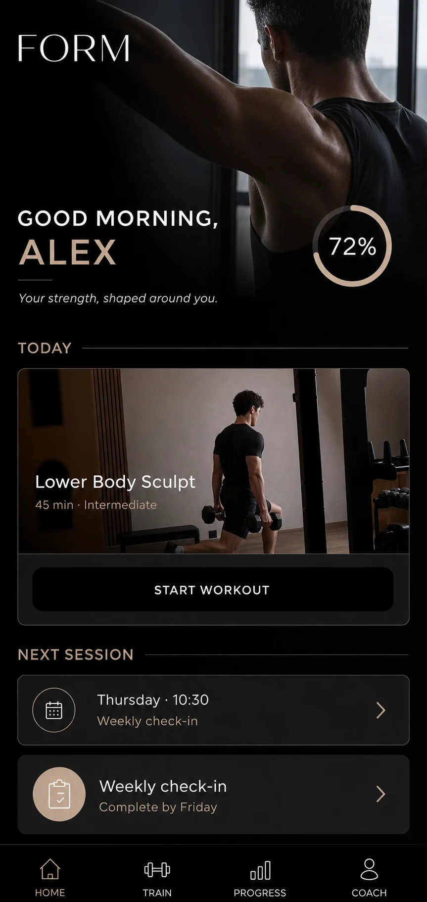An anonymised premium fitness app home-screen concept with a workout, check-in and progress summary.