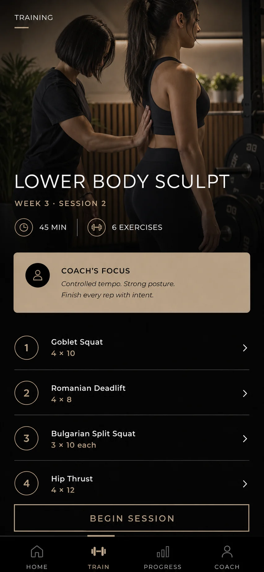 An anonymised premium fitness app training-screen concept with a coach-led strength session.