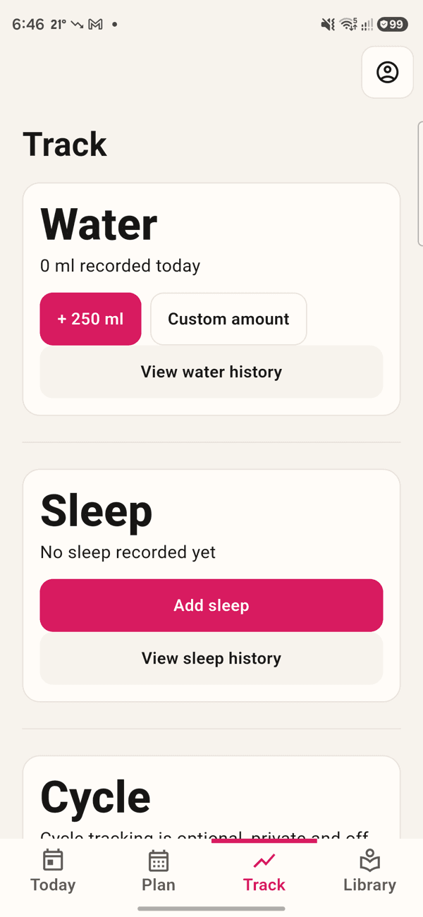 Member app tracking for water, sleep and cycle.