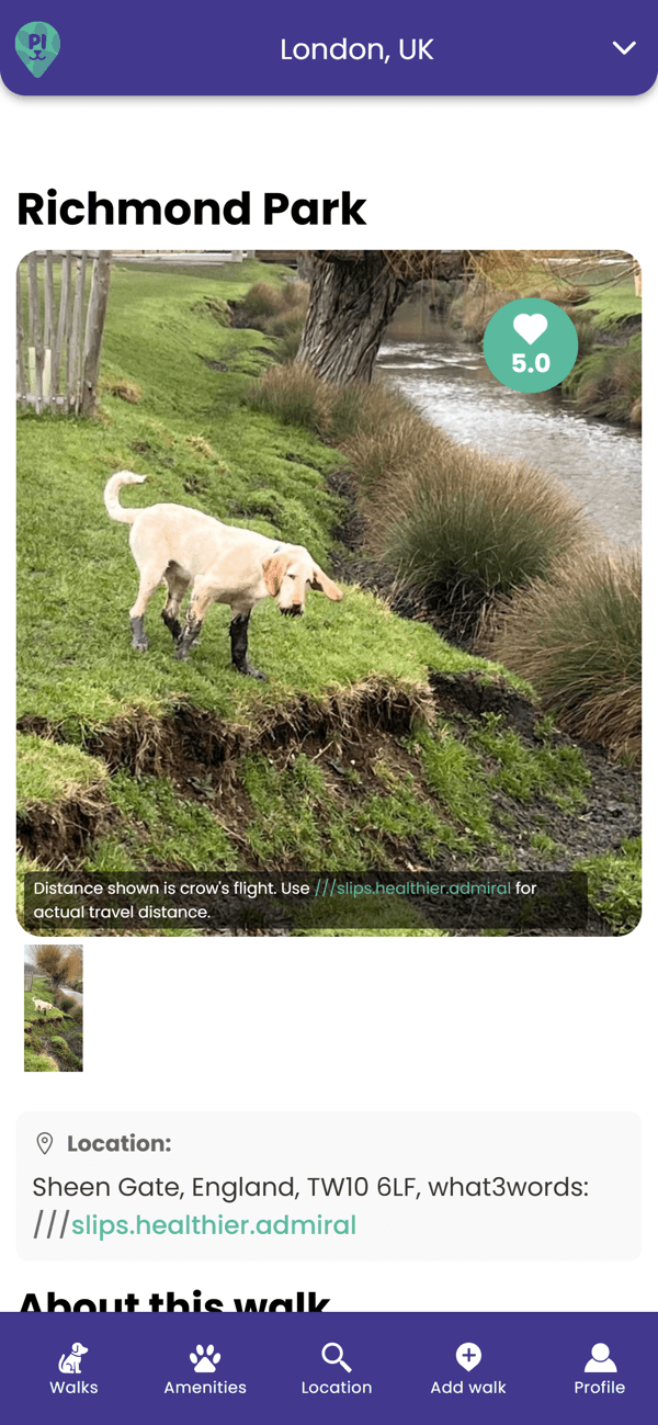 Paws In app showing a dog-friendly walk in Richmond Park.